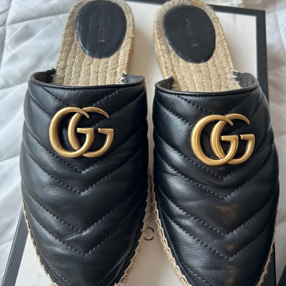 Gucci Black Leather GG Logo Quilted Espadrille Mules